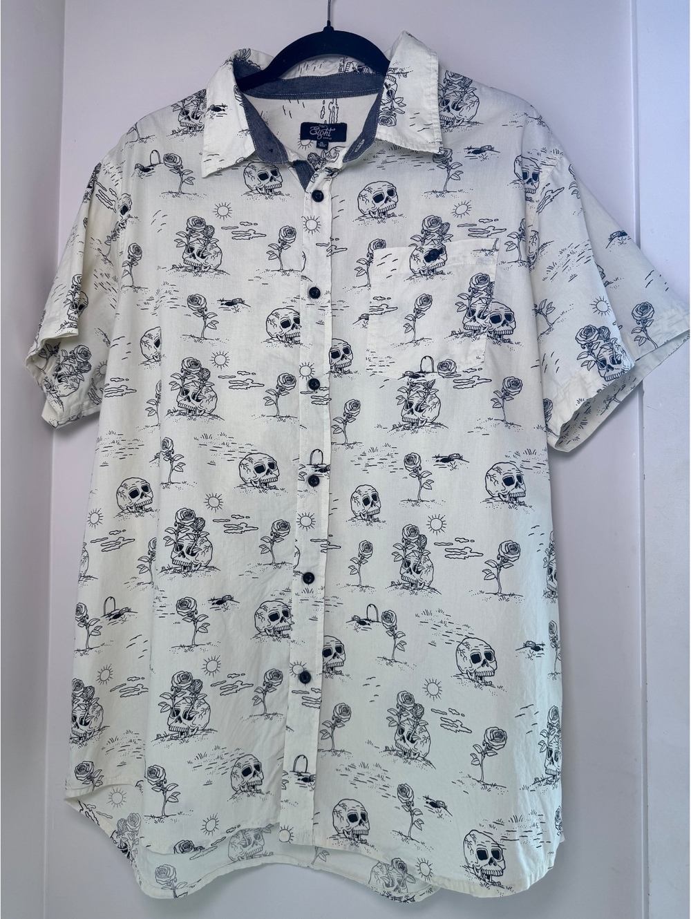 Eighty Eight Brand Men's XL Blue and White Cotton Button-Up Shirt with Skull and